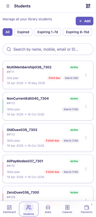 24Library mobile app student check-in and seat booking interface for reading rooms